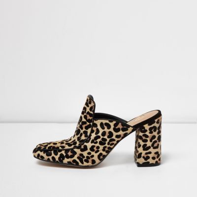 Leopard print closed toe block heel mules